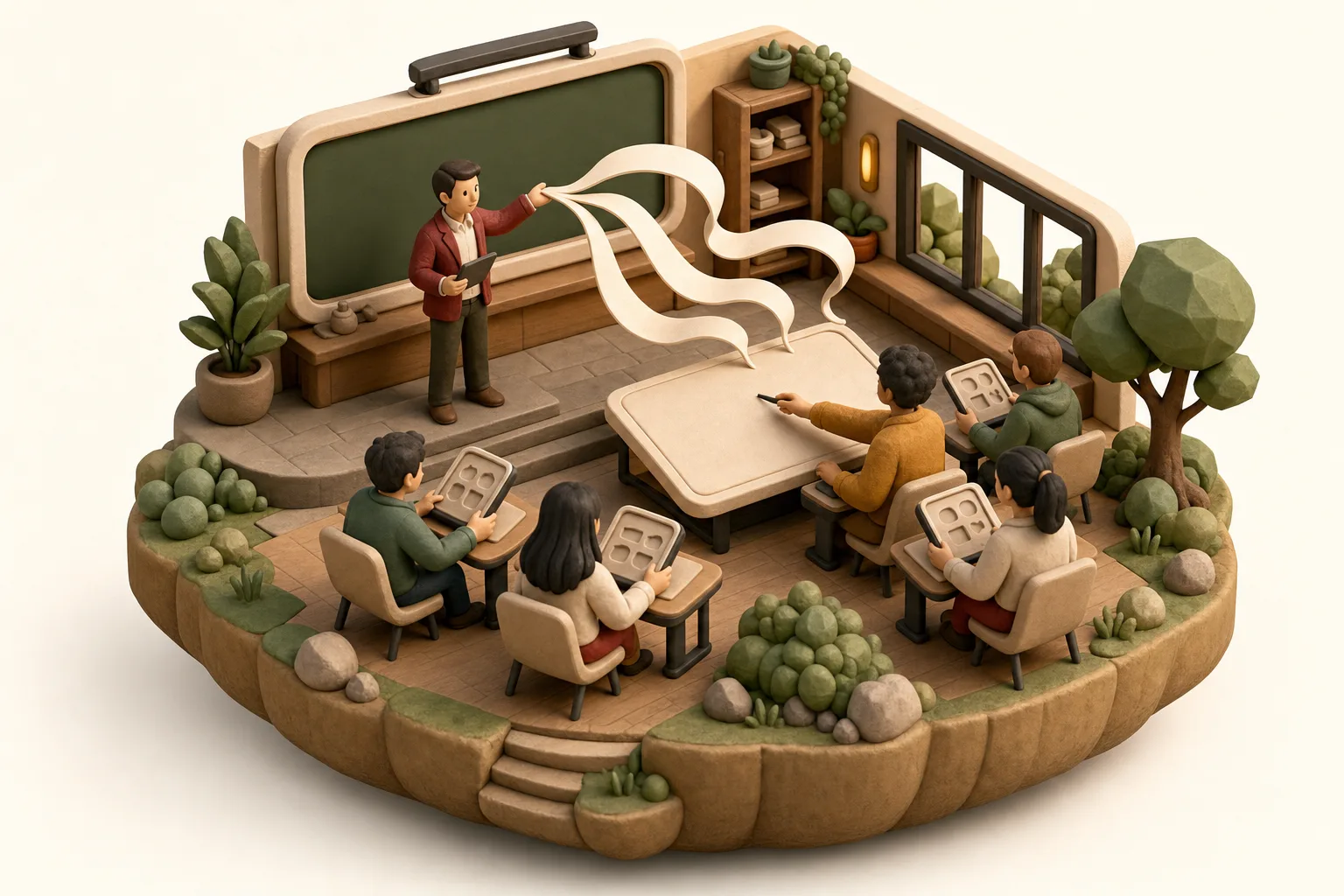 A classroom diorama representing the three ways to start a class