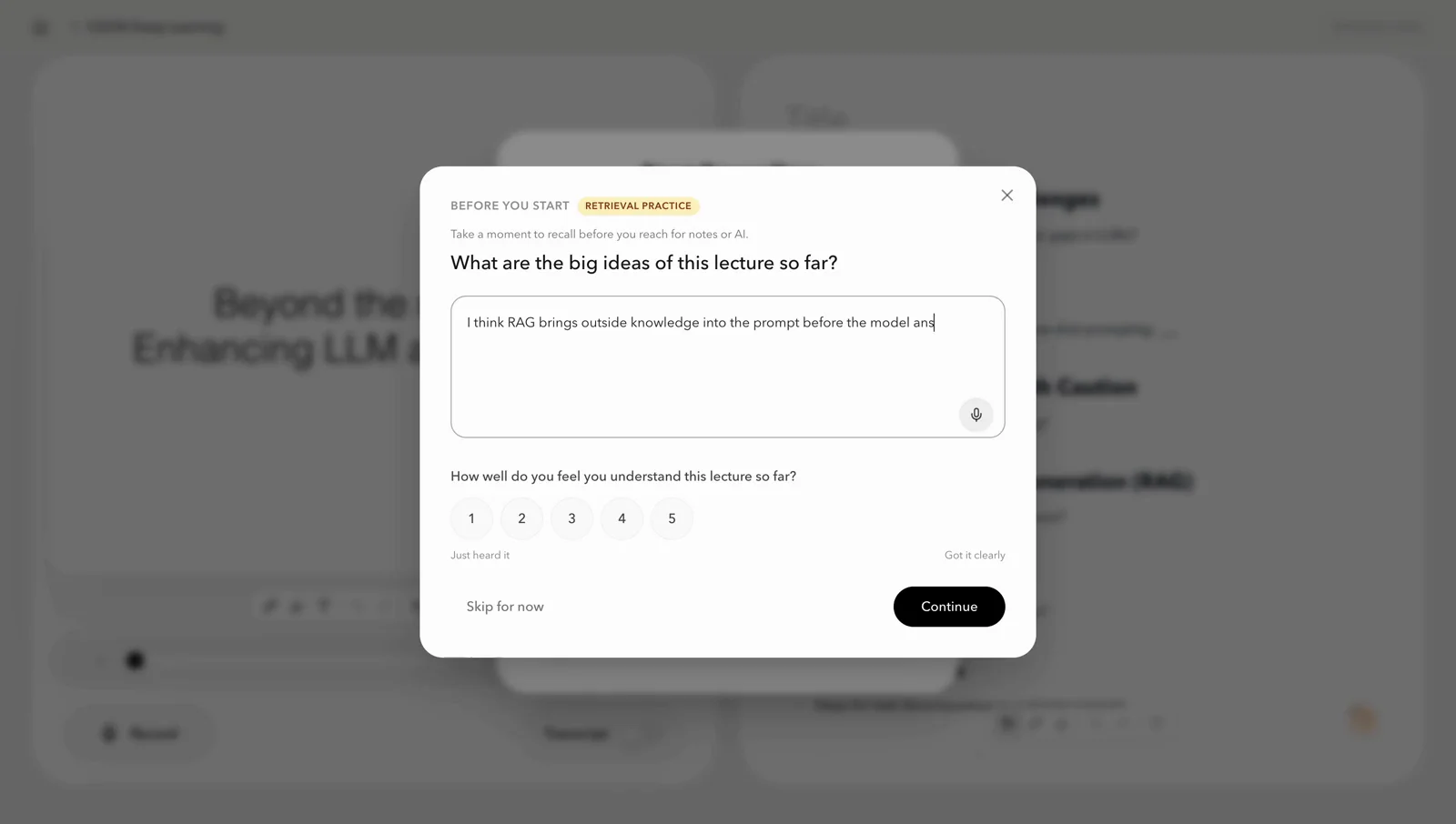 Learnica asking a student to recall the big ideas before continuing