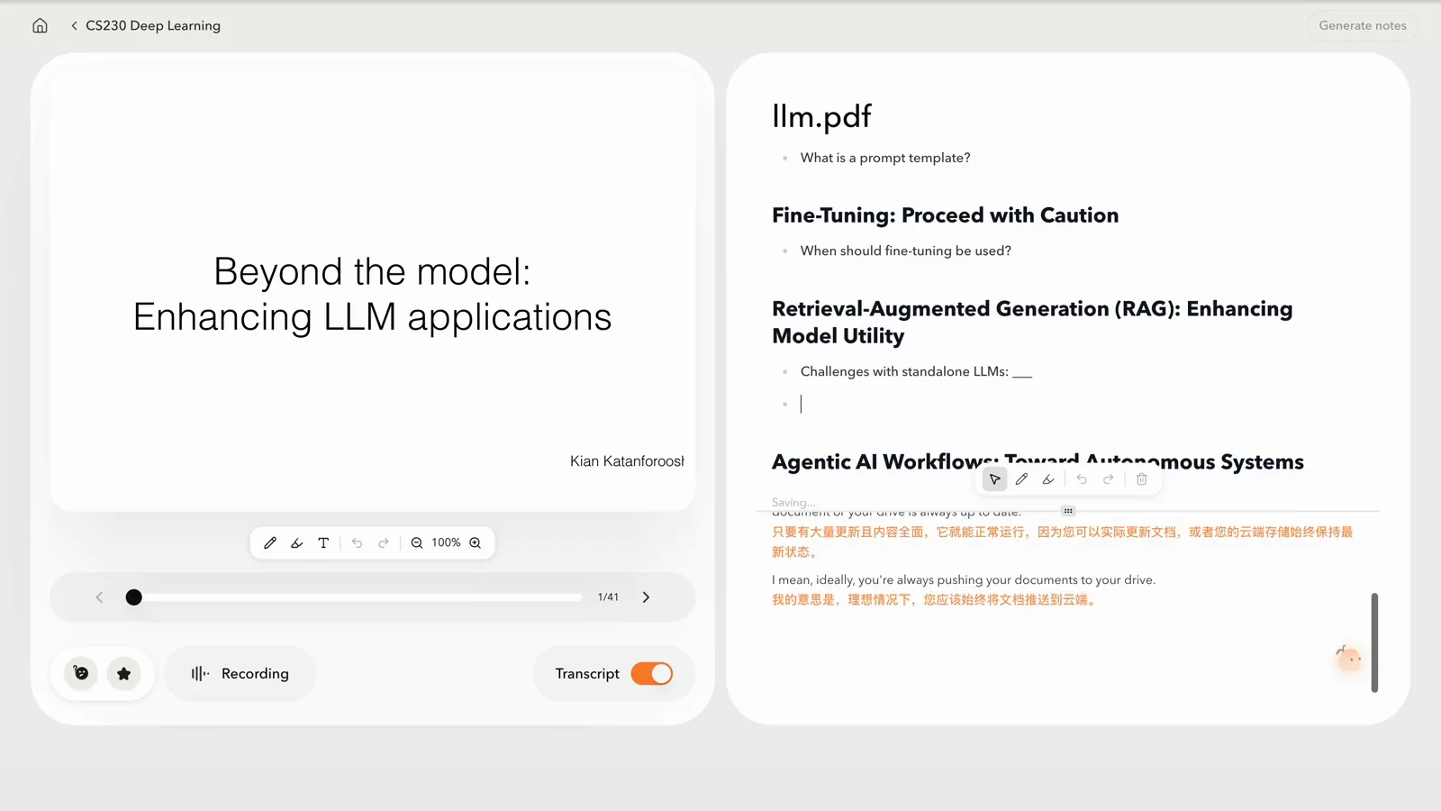 Learnica showing a lecture, live transcript, translation, and skeleton notes