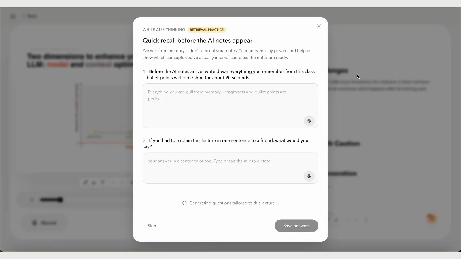 Learnica asking for a quick recall while the AI prepares notes