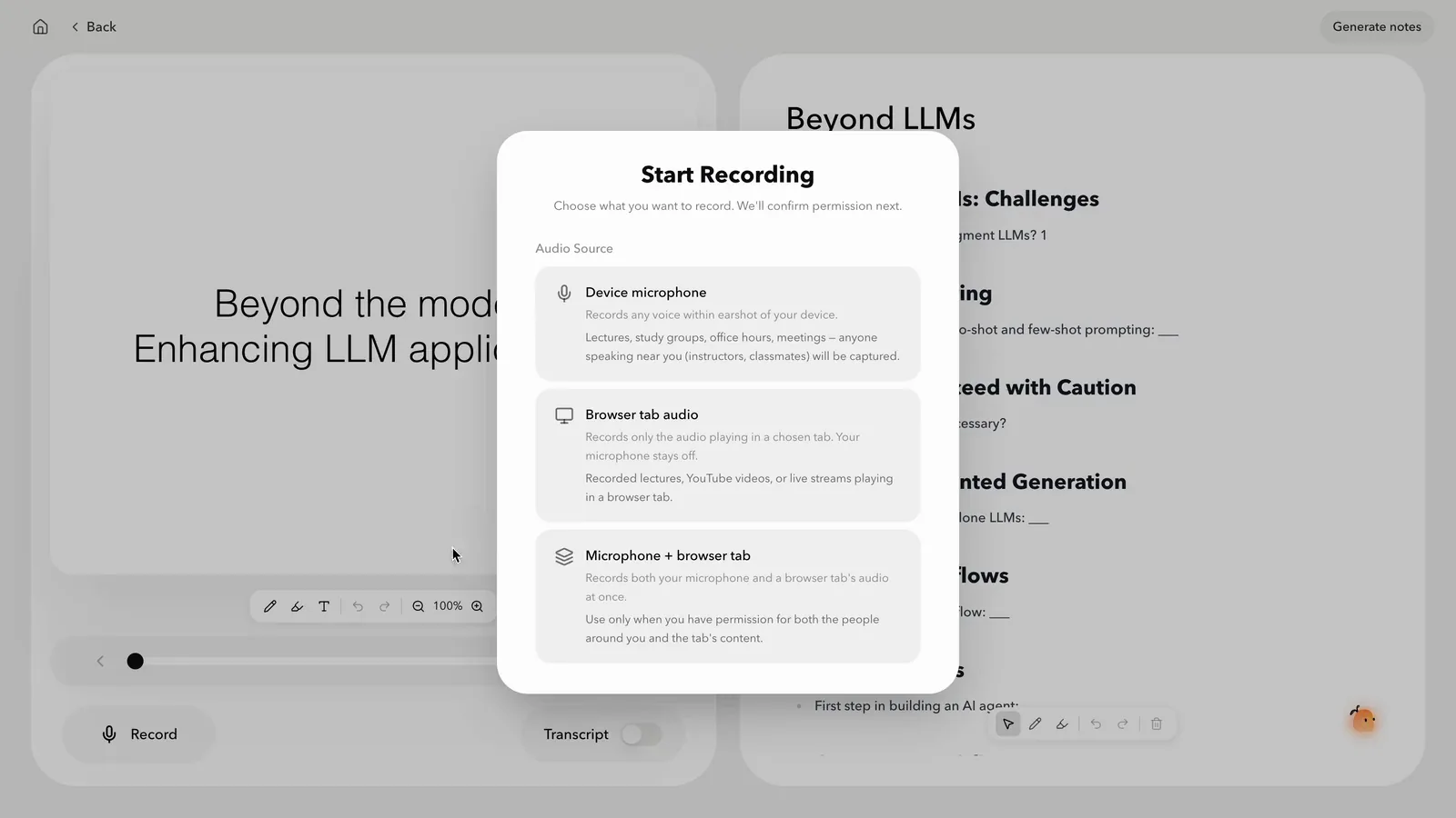 The Start Recording panel offering microphone, tab audio, or both