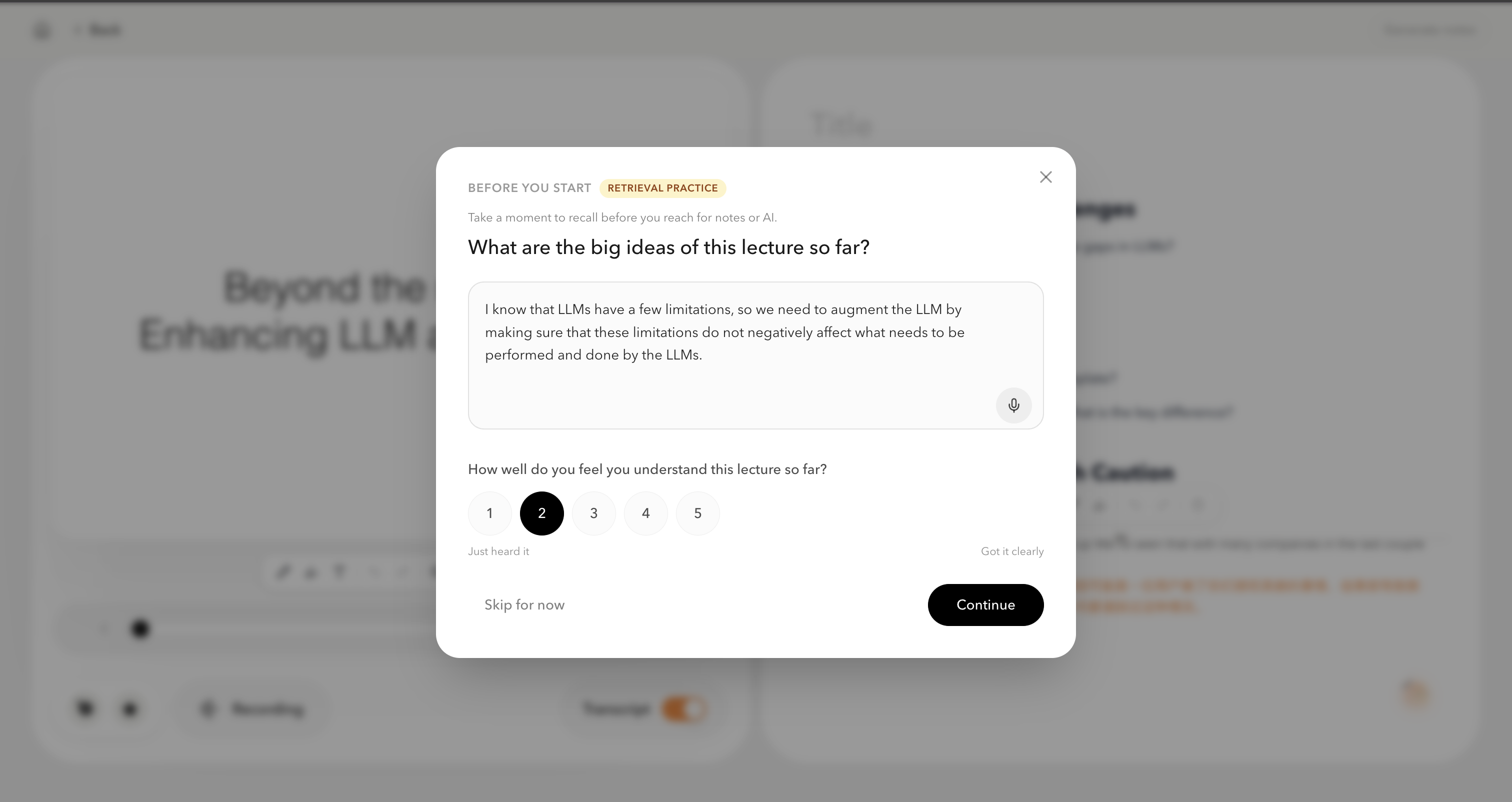 Learnica asking a student to recall the big ideas before continuing