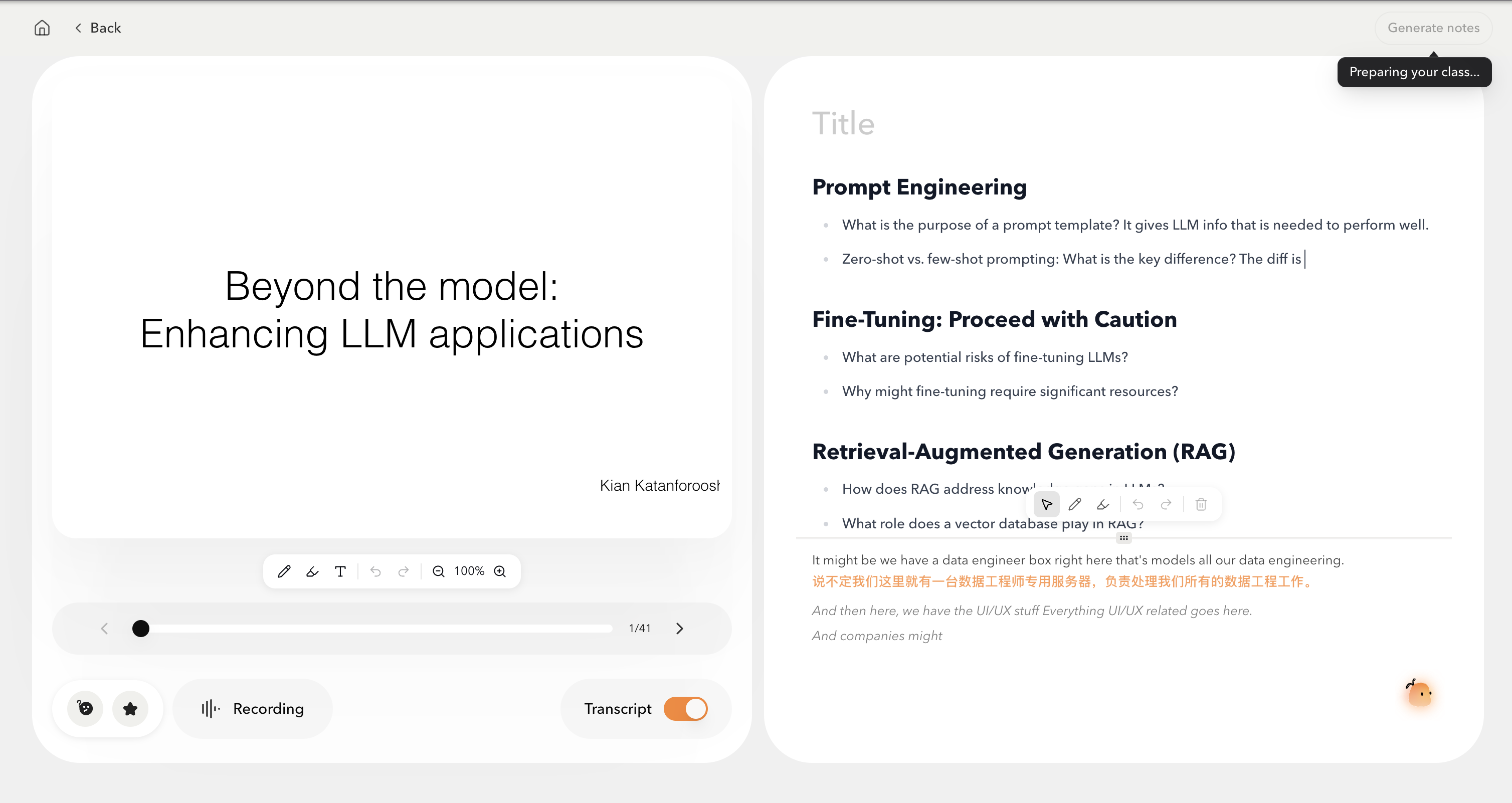 Learnica showing a lecture, live transcript, translation, and skeleton notes