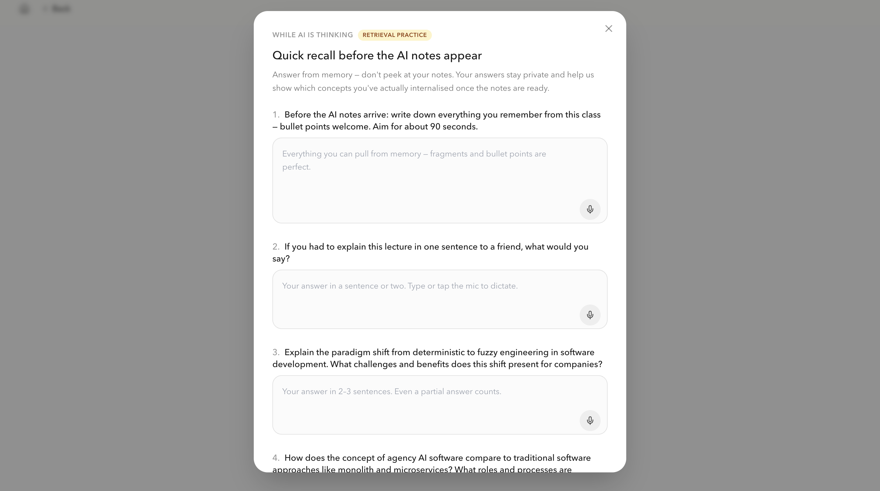 Learnica asking for a quick recall while the AI prepares notes